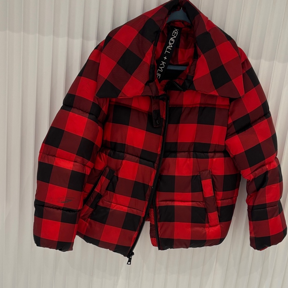 Kendall & Kylie Red and Black Checkered Puffer Jacket